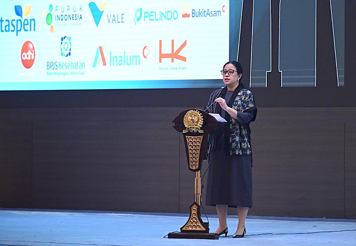 Ketua DPR RI, Puan Maharani dalam sambutannya di giat yang berlangsung di Pustakaloka, Senayan, Jakarta. Foto : Mahendra/Andri